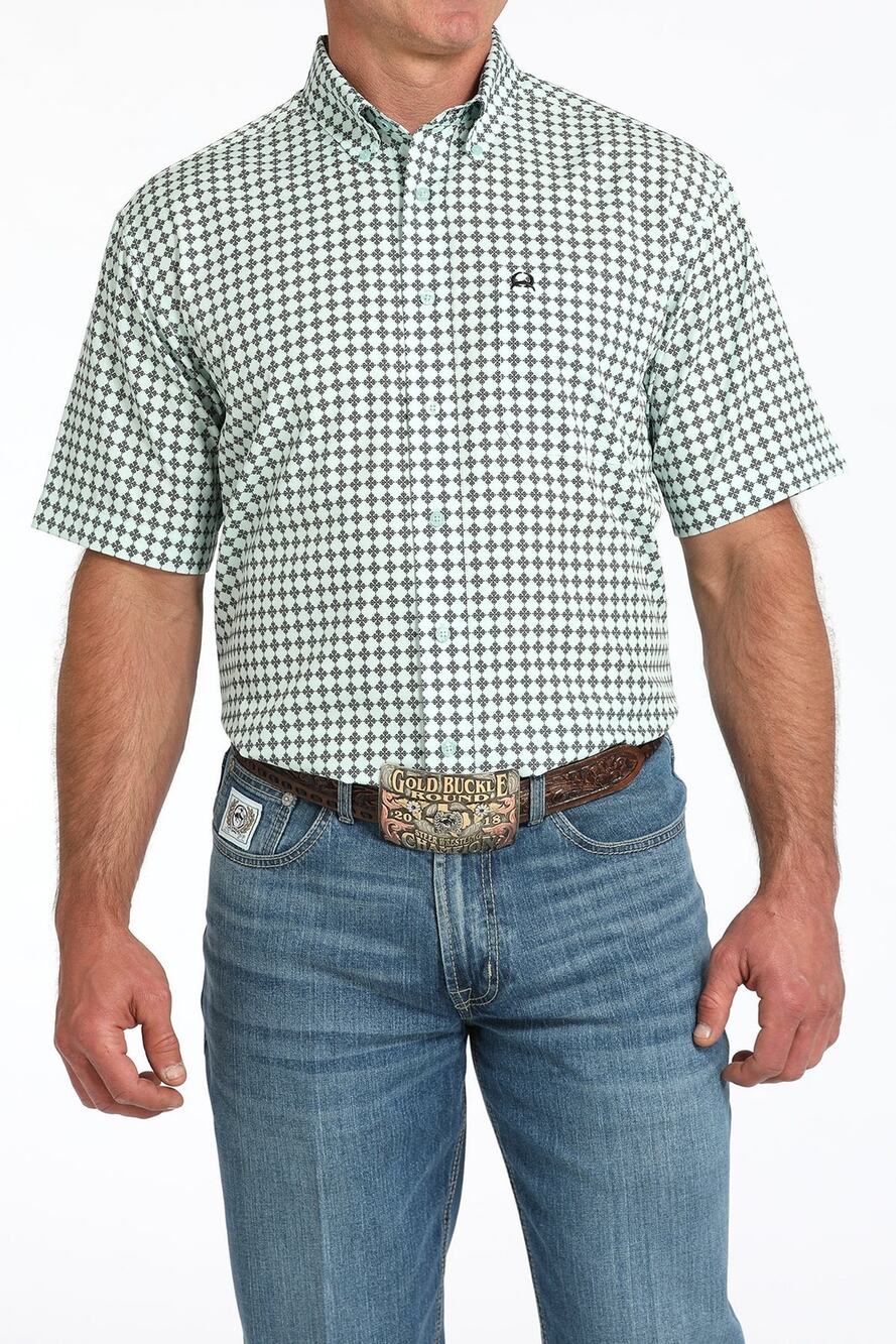 Cinch Men's ArenaFlex Green Geo Print Button Short Sleeve Western Shirt Size XL